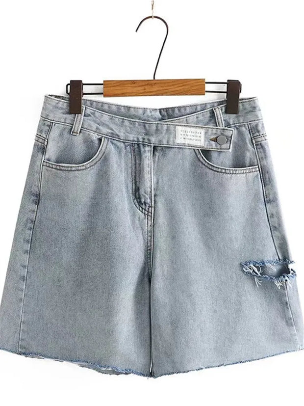 Plus Size Women Clothing Denim Shorts Ripped Hole Design Pockets On Both Sides Summer Sand Washed Jeans Large Size Casual Shorts