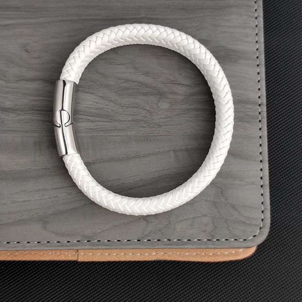 Fashion Simple White Leather Braid Bracelet Stainless Steel Buckle Clasps for Men Handmade Bangle