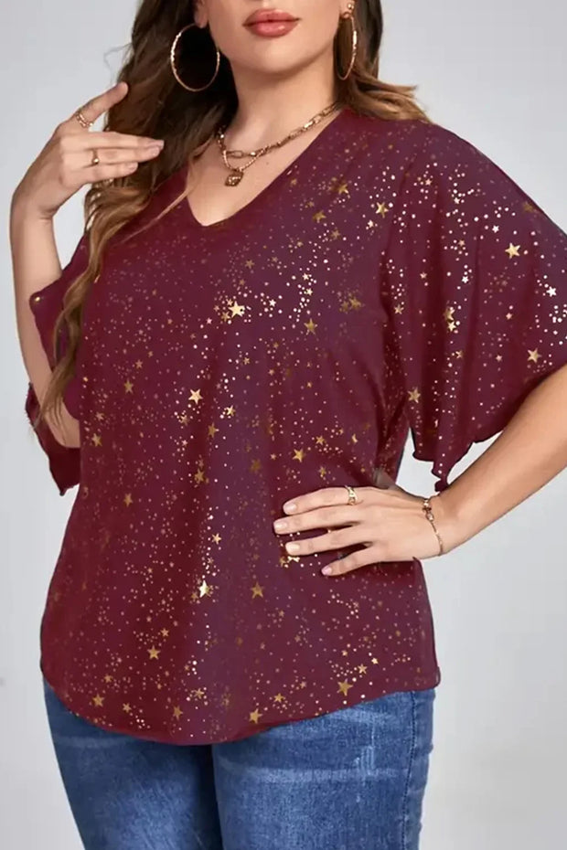 Plus Size Christmas Burgundy Sparkly Bronzing Print V Neck Blouse Half Sleeve Loose Tops