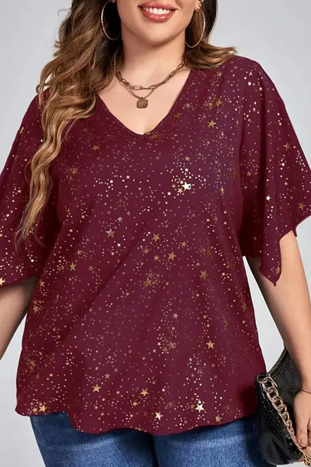 Plus Size Christmas Burgundy Sparkly Bronzing Print V Neck Blouse Half Sleeve Loose Tops