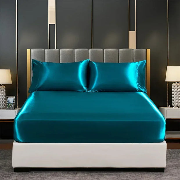 Summer Luxury Satin Silk-like Bed Sheet Set (Flat Sheet + Fitted Sheet + Pillowcase) Solid Color Mattress Cover Twin Full Queen